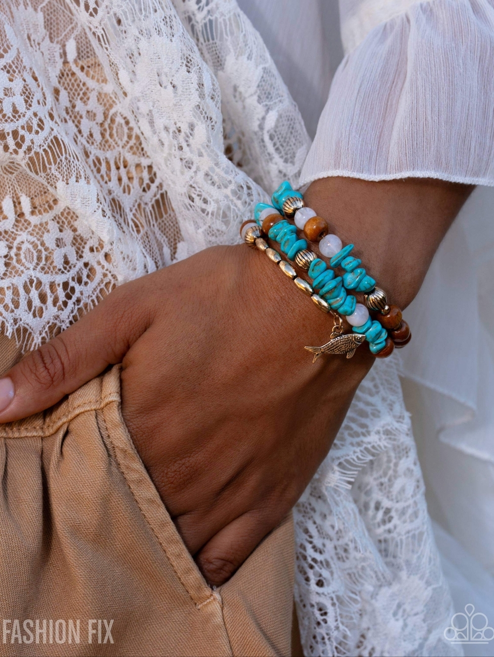 Spirited Sequence Paparazzi Turquoise, Brown & Gold Beaded Multi-Strand Bracelet - Picture 2 of 4